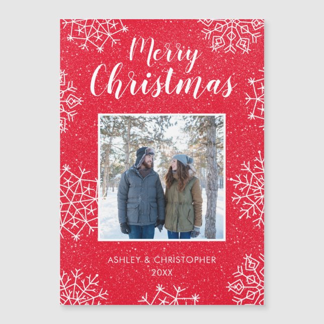 Snowflake Merry Christmas Photo Magnetic Card (Anverso)