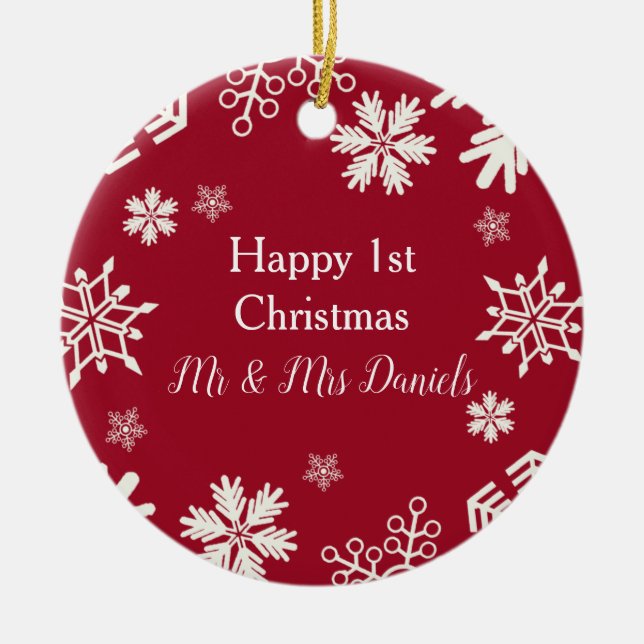 Snowflake Ornamento navideño recién casado (Frente)