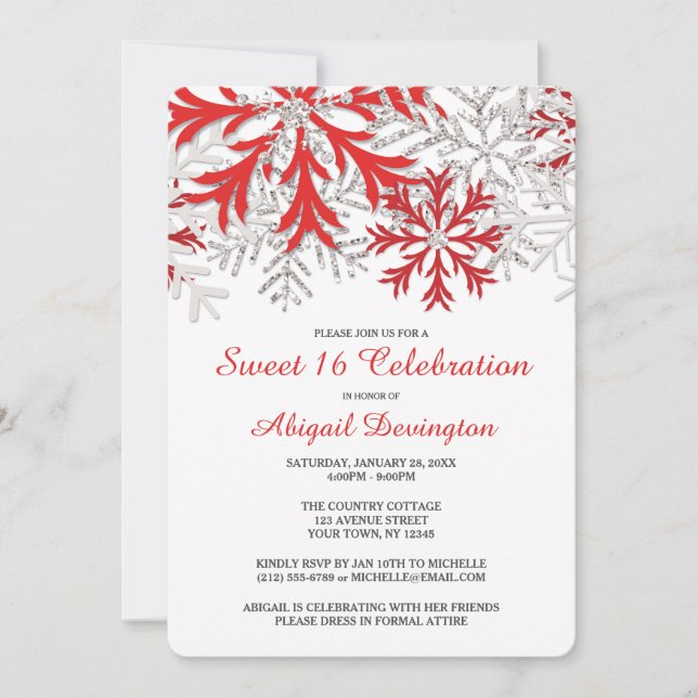 Snowflake Red Silver Winter Sweet 16 invitaciones (Anverso)