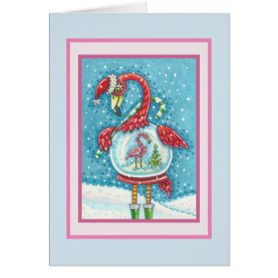 SNOWGLOBE DE FLAMINGO ROSA, TARJETA DE RECIBIMIENT