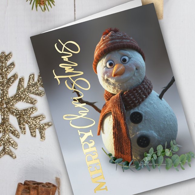 Snowman cozy handwritten script merry christmas  (Luxury gold foil script, merry christmas card)