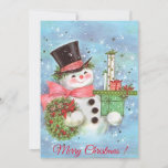 Snowman de Navidad retro con regalos<br><div class="desc">Hombre De Nochebuena Retro Vintage Con Regalos Tarjeta De Festividad.</div>