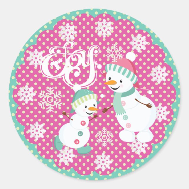 Snowman Joy Navidades Snowflakes Round Pegatina (Anverso)