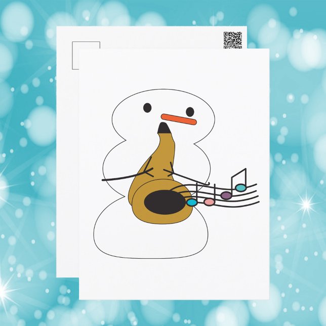 Snowman juega notas de música saxofoniana (A postcard with a snowman playing the saxophone)