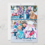 Snowman, saludo personal con tres fotos<br><div class="desc">Este pequeño muñeco de nieve sonriente con gorra azul y bufanda envía tus saludos personalizados a tu familia y amigos junto con tres de tus fotos favoritas. El reverso cuenta con un diseño de copos de nieve acuarela. Haga clic en la ficha PERSONALIZAR para realizar los cambios adicionales que desee,...</div>