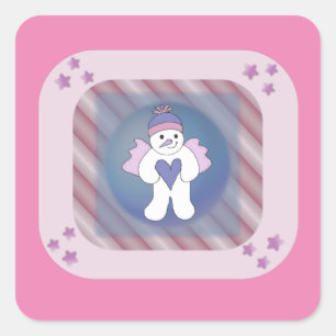Snowman Snow Angel Pink Square Pegatina