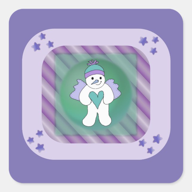 Snowman Snow Angel Purple Square Pegatina (Anverso)