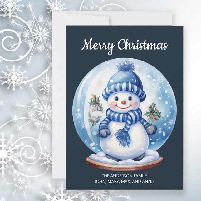 Snowman Snowglobe Marina Blanca Azul Feliz Navidad ( Christmas snowman "Merry Christmas" customizable greeting card)