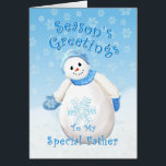 Snowman Wonderland para tarjeta de Navidad para pa<br><div class="desc">Pequeño y lindo muñeco de nieve con gorra de invierno azul y mitones a medida que delicadas copas de nieve caen por el cielo azul es un diseño de Navidades deliciosos para saludos a tu especial Padre. También puedes disfrutar de sellos y regalos a juego disponibles en mi tienda. Arte...</div>