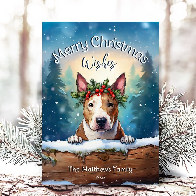 Snowowley Pines Peeking Bull Terrier Feliz Navidad (Adorable Winter Snowy Scene With Peeking Dogs or Farm/Woodland Animals - Over 50 to Choose From!)