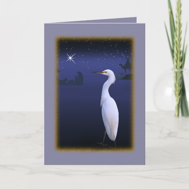 Snowy Egret con tarjeta de Navidades de la Nativid (Anverso)