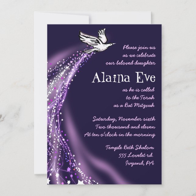 Soaring Dove Bat Bar Mitzvah Invitación morado (Anverso)