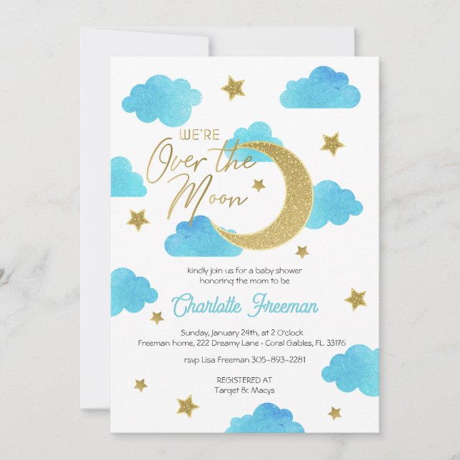 Sobre la invitación de Baby Shower Moon Blue & Gol (Anverso)