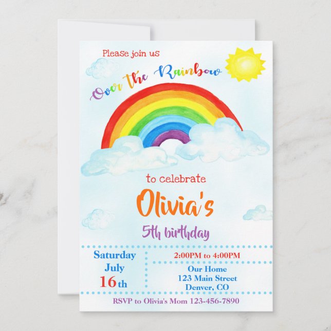Sobre la invitación de cumpleaños del arco iris (Anverso)