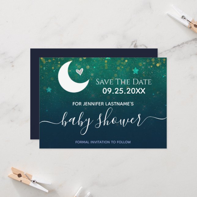 Sobre la luna Baby Shower Guardar la invitación de (Anverso/Reverso In Situ)