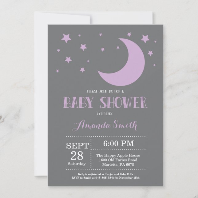 Sobre la luna Baby Shower invitación morado (Anverso)