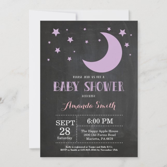 Sobre la luna Chica Baby Shower Invitación Purple (Anverso)