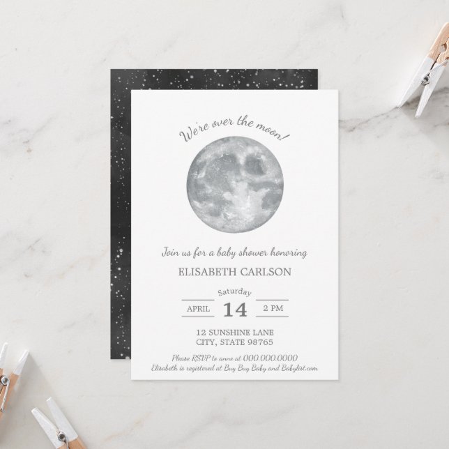 Sobre la luna Invitación Baby Shower neutral (Anverso/Reverso In Situ)