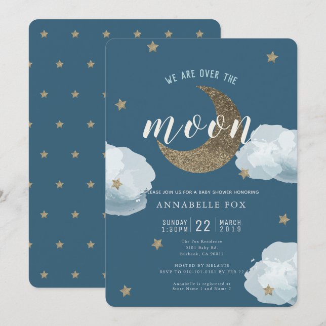 Sobre la luna Invitación de Baby Shower azul de me (Anverso / Reverso)