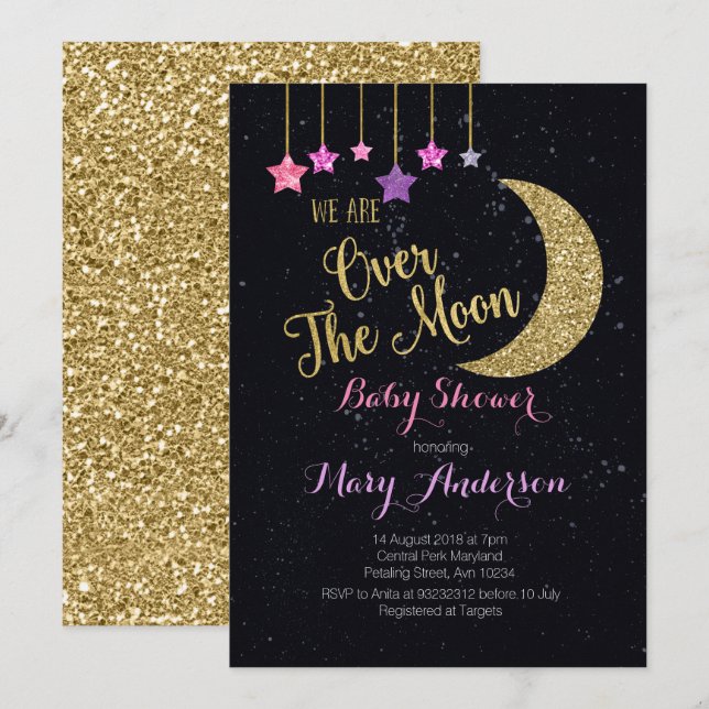 Sobre la luna Invitación de Baby Shower para chica (Anverso / Reverso)
