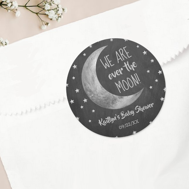Sobre la luna| Pegatina redondo Baby Shower Classi (Subido por el creador)