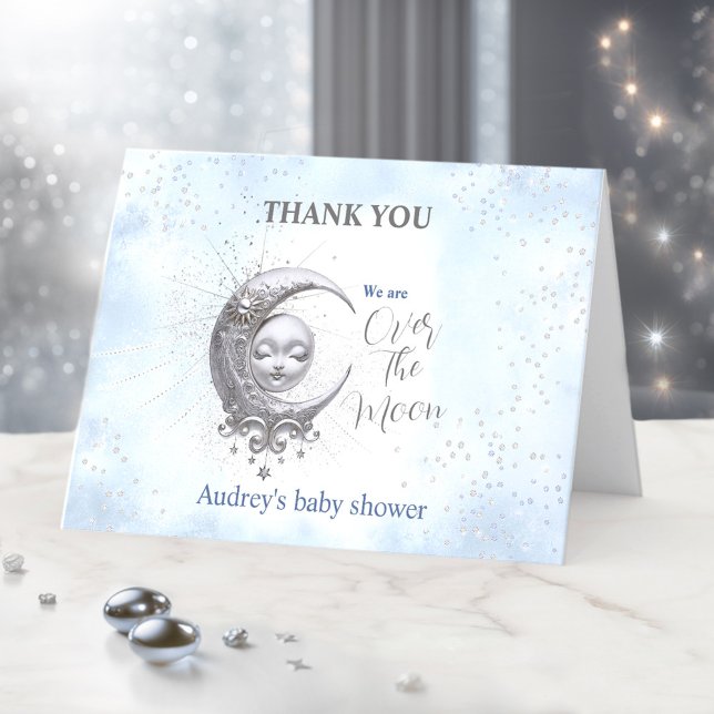 Sobre la tarjeta de agradecimiento de Baby Shower  (Over The Moon Blue Boy Baby Shower Thank You Card)