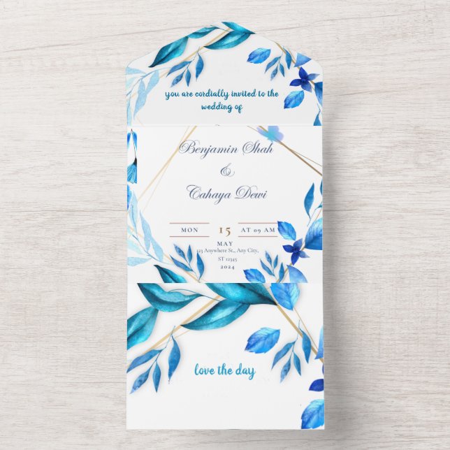 sobre simple invitación de boda azul y blanco (Interior)