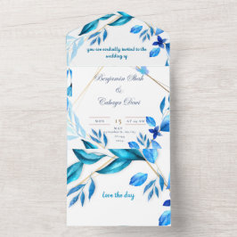 sobre simple invitación de boda azul y blanco