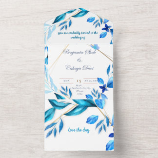 sobre simple invitación de boda azul y blanco