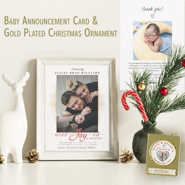 Sobregocijado anuncio de festividad de festividad  (Overjoyed Blessed Photo Holiday Birth Announcement, Gold Plated Christmas Ornament Gift grandparents)