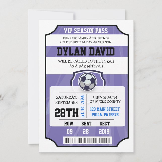 SOCCER VIP TICKET Purple Bat Mitzvah Invitación (Anverso)