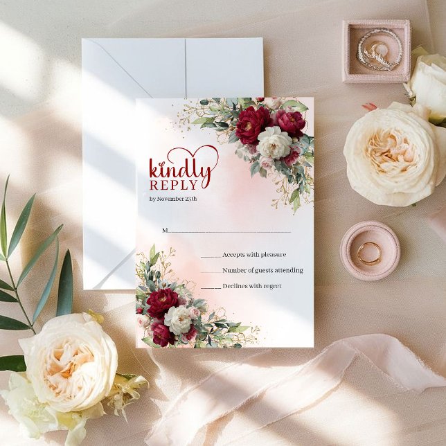 Sofisticada Boho Merlot Oro Floral RSVP de Boda (Sophisticated Boho Merlot Gold Floral Wedding RSVP)