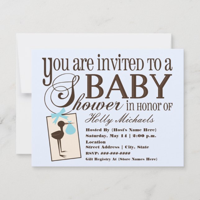 Sofisticada invitación a Baby Shower Stork Blue (Anverso)