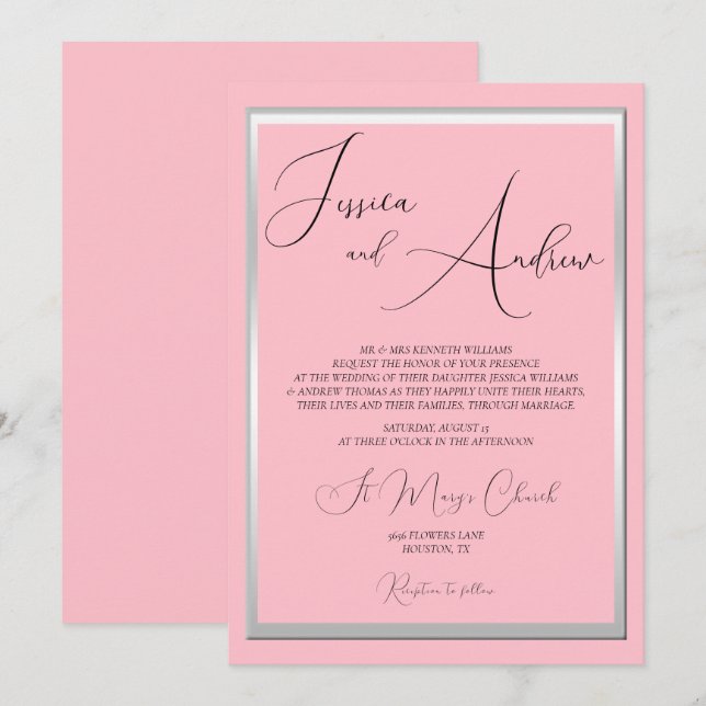 Sofisticada invitación a la boda rosada y plateada (Anverso / Reverso)