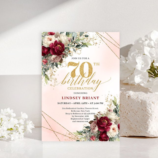Sofisticada Invitación Bohemio Floral Borgoña 70 (Sophisticated Burgundy Floral Boho 70th Invitation)