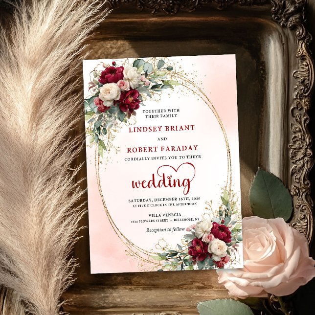 Sofisticada invitación de boda floral boho de Borg (Sophisticated Burgundy Boho Floral Wedding Invite)