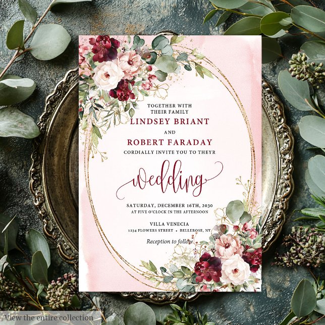 Sofisticada Invitación Floral Boho Granate Rosado  (Sophisticated Boho Maroon Blush Gold Floral Invitation

)