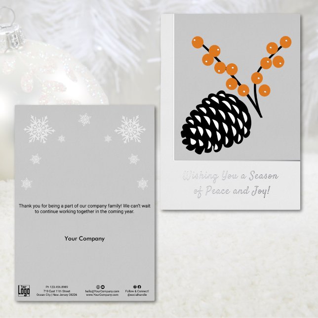 Sofisticada tarjeta de vacaciones de Relieve metal (Sophisticated Pine Cone Foil Business Holiday Card)