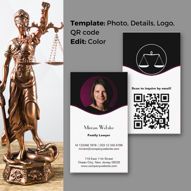 Sofisticada tarjeta de visita para abogado de fami (Sophisticated Family Lawyer Business Card, Profile Photo, Logo, QR code, CTA, Black & White)