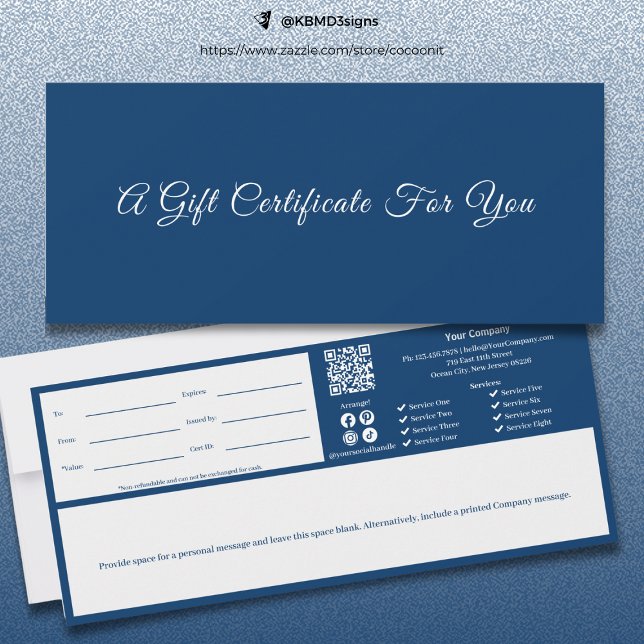 Sofisticado certificado de regalo de guión blanco  (Sophisticated Blue White Script Gift Certificate)