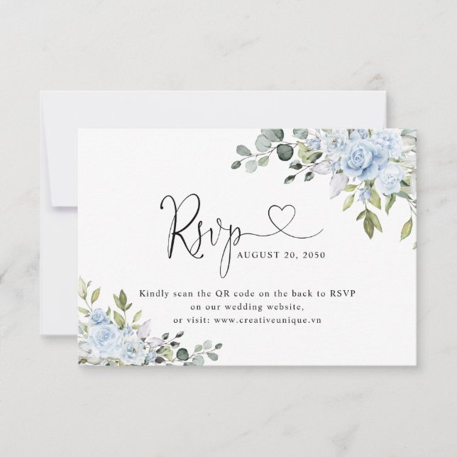 Soft Blue Botanical Wedding Website QR Code RSVP (Anverso)