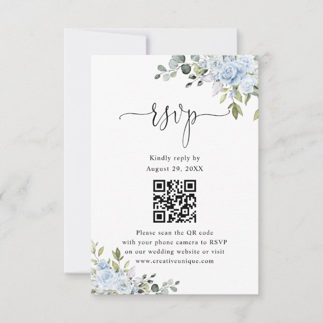 Soft Blue Botanical Wedding Website QR Code RSVP (Anverso)