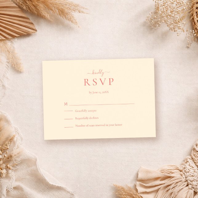 Soft Coral Modern Minimalist Wedding RSVP Card (Soft Coral Modern Minimalist Wedding RSVP Card on a boho table with terracotta decor)