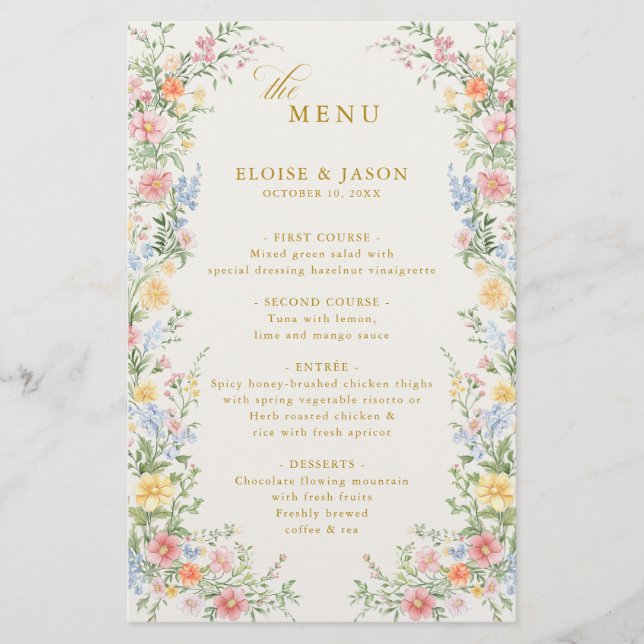 Soft Pastel Ornate Spring Garden Gold Wedding Menu (Anverso)