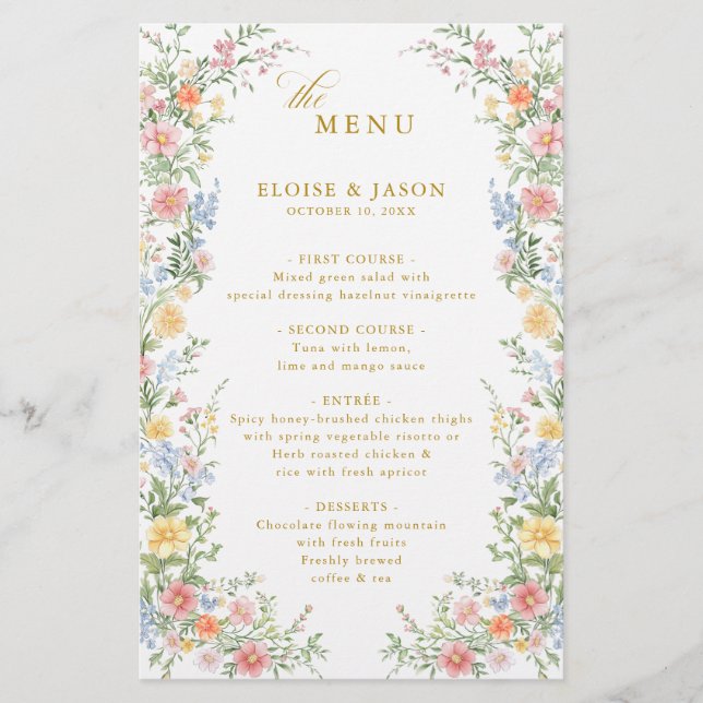 Soft Pastel Ornate Spring Garden Gold Wedding Menu (Anverso)