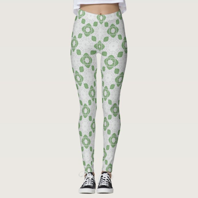 Soft Sage Green Floral Geometric Pattern Leggings (Anverso)