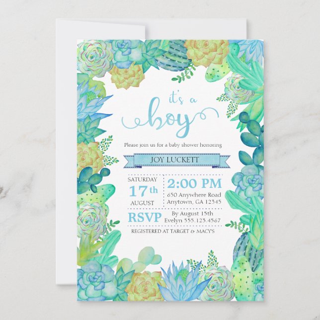 Soft Succulent & Cacti Boy Invitación de Baby Show (Anverso)
