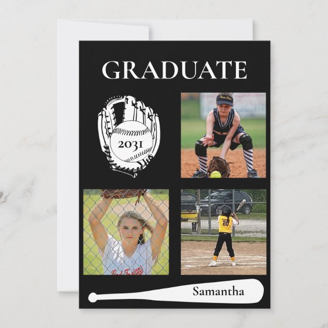 Softball 3 Photo Black Graduation Flat Card (Anverso)