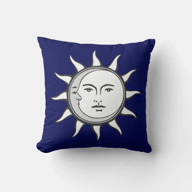 Sol blanco y luna de plata en Cojín decorativo azu (Anverso)