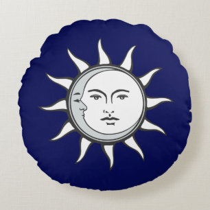 Sol Blanco y Luna Plateada sobre Almohada Redonda